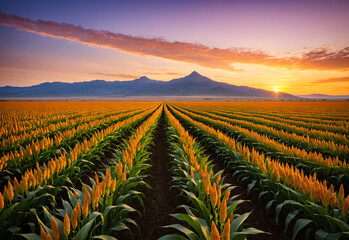 A distant shot of a vast sorghum field stretching towards the horizon, with a mountain silhouetted against the sunset. The sorghum is a uniform golden color, creating a sea of color that fades