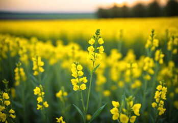 Obraz premium Close-up shot of a single rapeseed plant, highlighting its bright yellow flowers, its delicate green leaves and the rough texture of the stalk. The sun casts a warm, golden light on the rapeseed