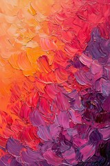 Abstract art painting of flower petals, with textured brush strokes and impasto in shades of red and purple, evoking the lighting of a sunset. 