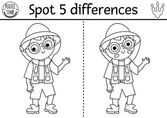 Find differences game. Dinosaur black and white educational activity with paleontologists boy waving hand. Line puzzle for kids with archeologists or researcher. Printable worksheet, coloring page