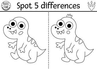 Find differences game for children. Dinosaur black and white educational activity with baby T-rex. Line puzzle for kids with little ancient animal. Printable worksheet, coloring page with tyrannosaur