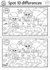 Find differences game for children. Dinosaur black and white educational activity with paleontologists, dig, camp landscape. Line puzzle for kids with archeologists. Printable worksheet, coloring page