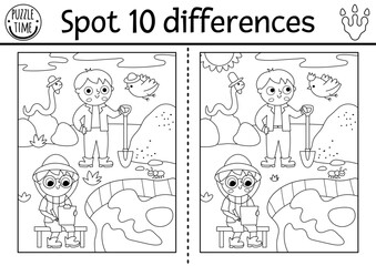 Find differences game for children. Dinosaur black and white educational activity with paleontologists, dig, camp landscape. Line puzzle for kids with archeologists. Printable worksheet, coloring page