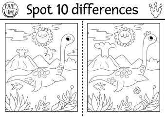 Find differences game for children. Dinosaur black and white educational activity with plesiosaur and prehistoric landscape. Line puzzle for kids with animal. Printable worksheet, coloring page