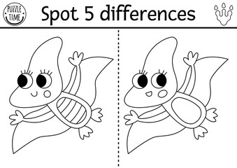 Find differences game. Dinosaur black and white educational activity with baby pterosaur. Line puzzle for kids with little ancient animal. Printable worksheet, coloring page with pterodactyl child © Lexi Claus
