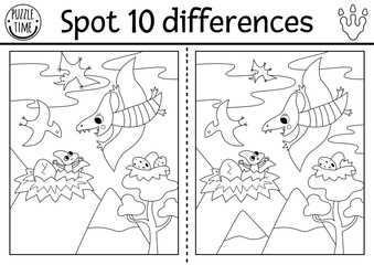 Obraz premium Find differences game for children. Dinosaur black and white educational activity with pterosaurus and prehistoric landscape. Line puzzle for kids with pteroductyl. Printable worksheet, coloring page
