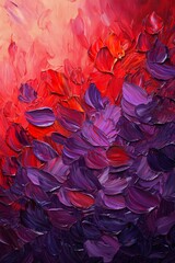 Abstract art painting of flower petals, with textured brush strokes and impasto in shades of red and purple, evoking the lighting of a sunset. 