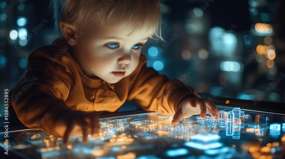 Poster a young child with bright blue eyes interacts with a futuristic touchscreen interface, illuminated b