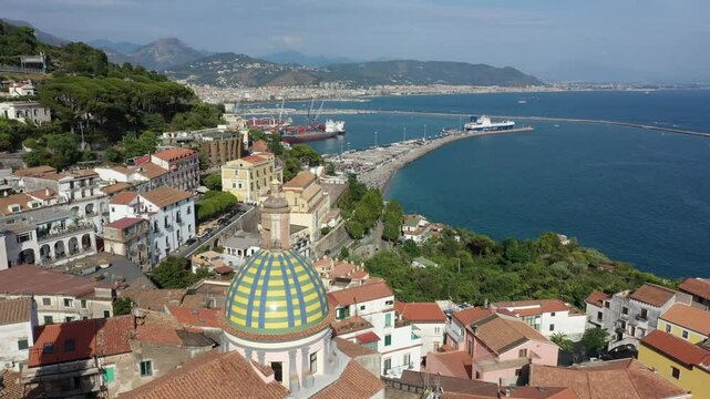 Aerial view of the sea, promenade and central part of the town of Vietri sul Mare on a sunny summer day, Raite, Salerno, Italy