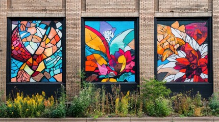 Naklejka premium Vibrant Triptych Mural Brick Wall, Floral Graffiti Art