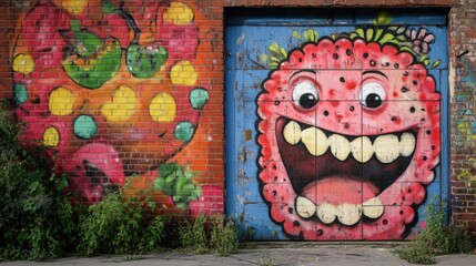 Vibrant Graffiti Mural Brick Wall, Strawberry Monster, Urban Art