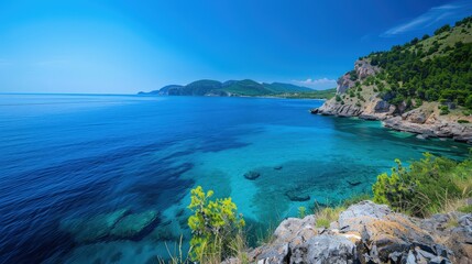 Serene Coastal View Under Bright Blue Sky