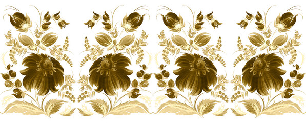 Floral seamless border pattern from hand drawn dahlia and chrysanthemum golden flowers on a white background