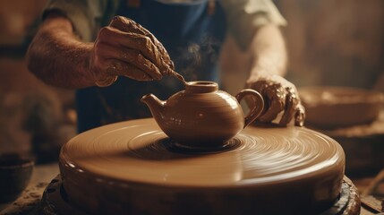 Potters Hands Shaping Clay Teapot on Spinning Wheel