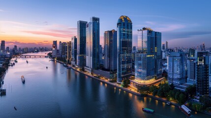 Obraz premium Vibrant Cityscape at Sunset over the River