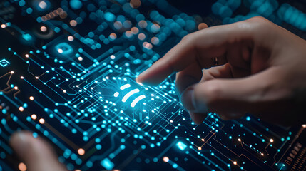 Hand touching Telecommunication network and wireless mobile internet technology with 5G LTE data connection of global business, fintech, blockchain