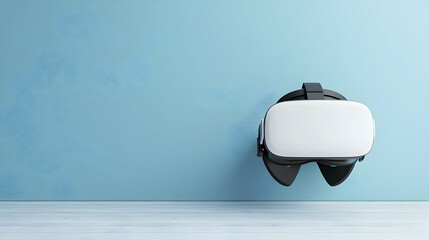 VR Headset on Blue Wall: A sleek VR headset hangs on a blue wall, symbolizing the immersive world of virtual reality and its potential for innovation and entertainment.  