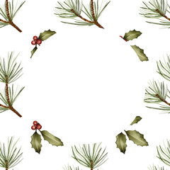 Naklejka premium Festive holiday wreath design featuring pine and holly leaves with berries on a white background