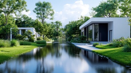 Obraz premium Modern homes by a serene river surrounded by lush greenery.