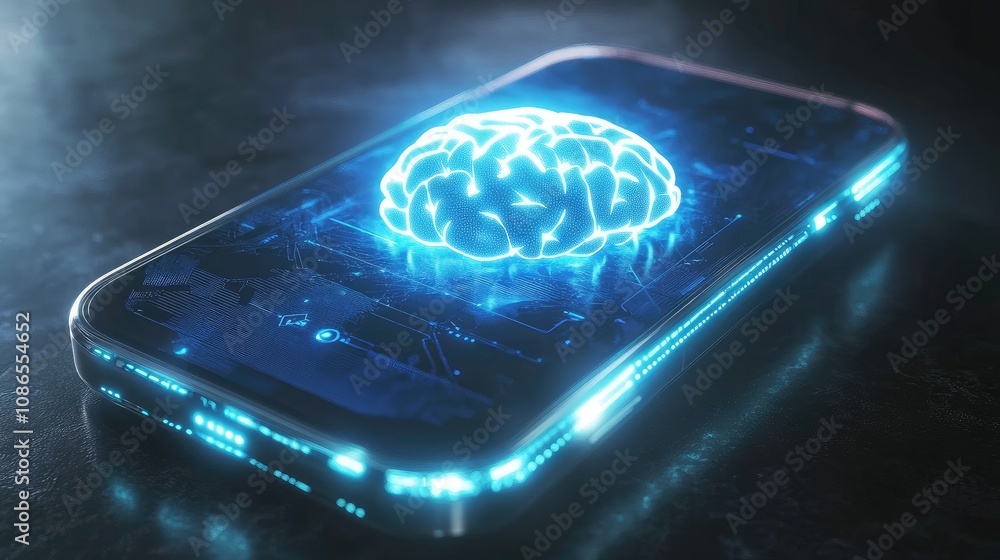 Poster 3d futuristic mobile phone design with ai brain glowing at the core, robotic detailing around edges