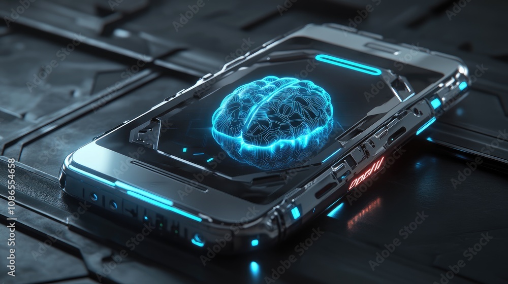 Poster 3d futuristic mobile phone design with ai brain glowing at the core, robotic detailing around edges