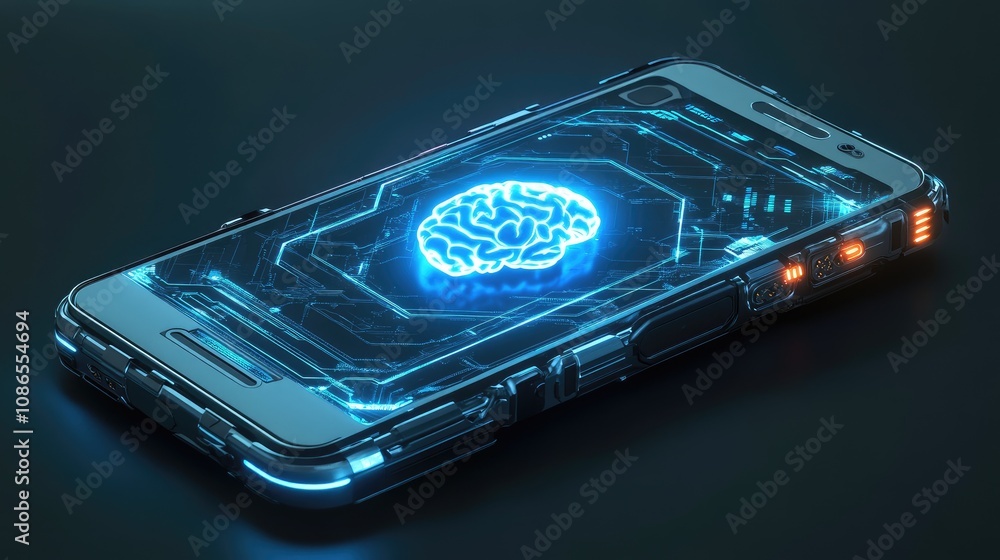 Poster 3d futuristic mobile phone design with ai brain glowing at the core, robotic detailing around edges