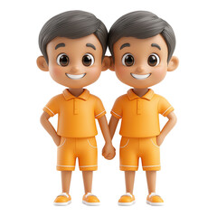 Naklejka premium Two cheerful cartoon boys in matching orange outfits, holding hands and smiling. Perfect for children's themes and friendship.3d render object isolated on white background