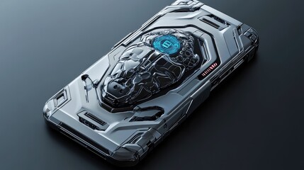 3D futuristic phone with AI brain and robotic details, sleek metallic finish, simple background