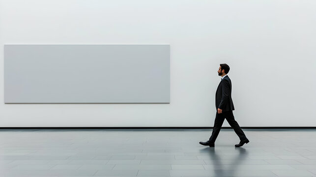Man Contemplating Art: A solitary figure, dressed in a suit, walks past a large blank canvas in an art gallery. His thoughtful expression suggests contemplation and exploration of the blank slate.  
