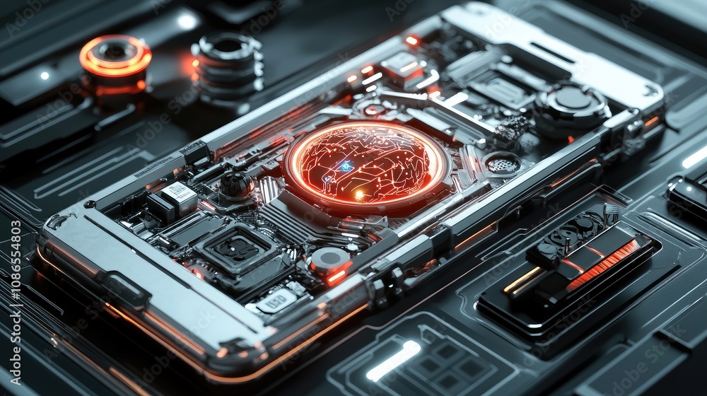 Poster 3d render of mobile phone with robotic components and central glowing ai brain, sleek background