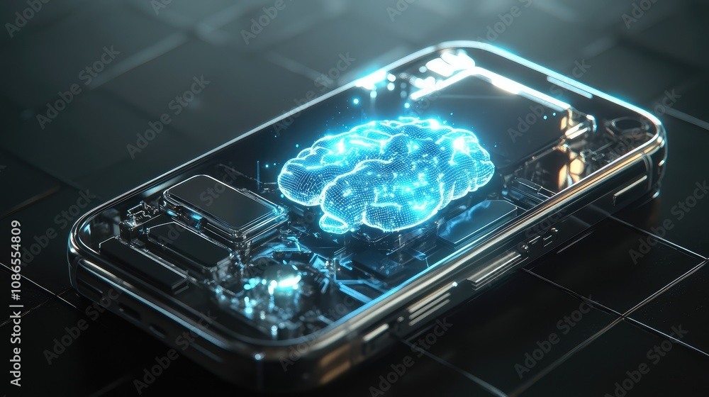 Poster 3d render of mobile phone with robotic components and central glowing ai brain, sleek background
