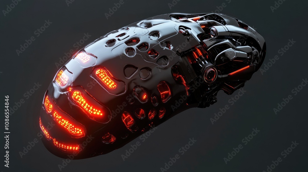 Poster 3d render of robotic mobile with glowing ai brain, metallic finish, symbolizing intelligent systems