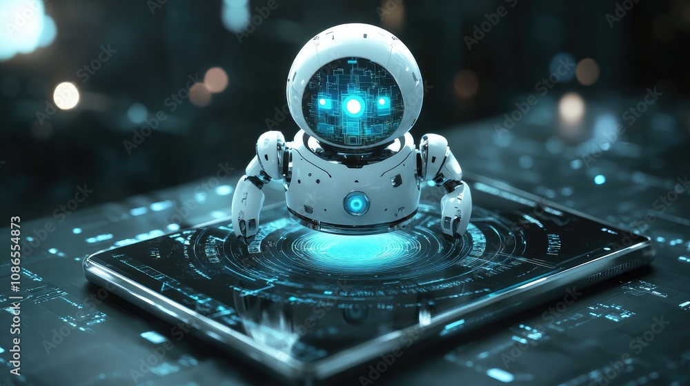 Poster 3d robotic smartphone with ai brain in center, digital effects around symbolizing machine learning