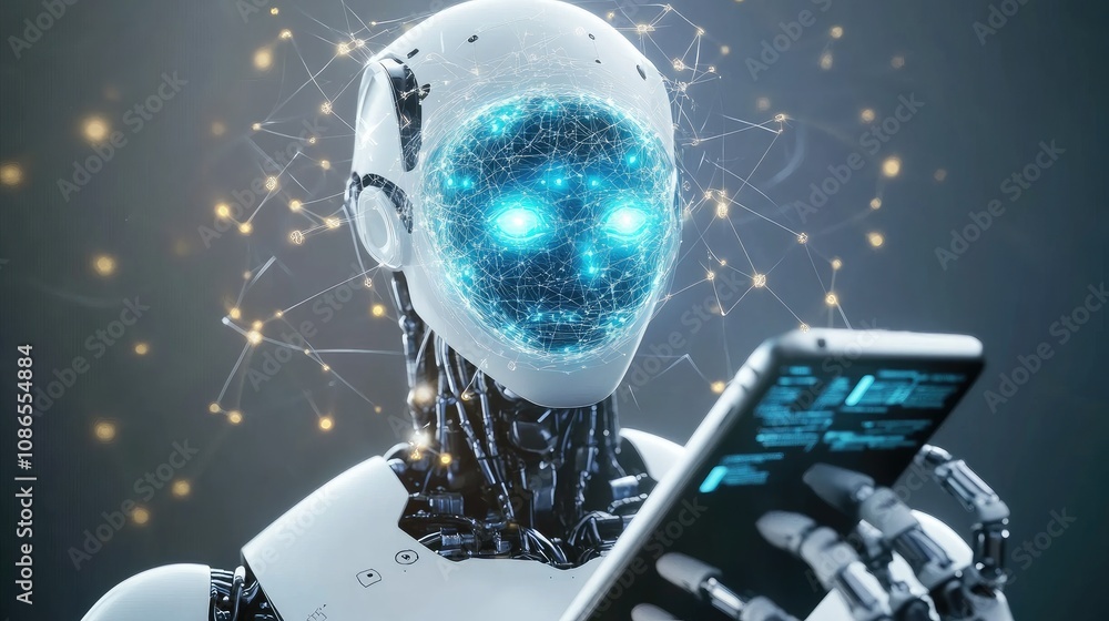 Poster 3d robotic smartphone with ai brain in center, digital effects around symbolizing machine learning