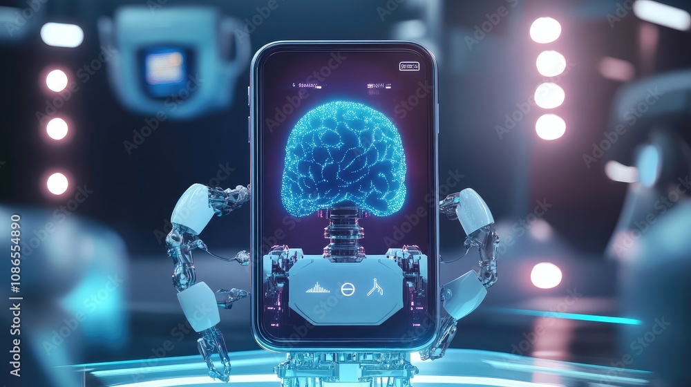 Poster 3d robotic smartphone with ai brain in center, digital effects around symbolizing machine learning