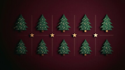 Elegant minimalist Christmas design with green tree icons and gold stars in a grid formation on a dark maroon background, with a slight shadow for a pop effect.