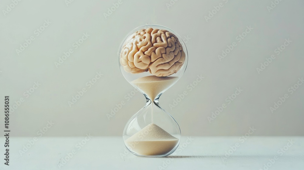 Poster brain encapsulated in hourglass, sand flowing beneath representing time passing for mental focus, pl