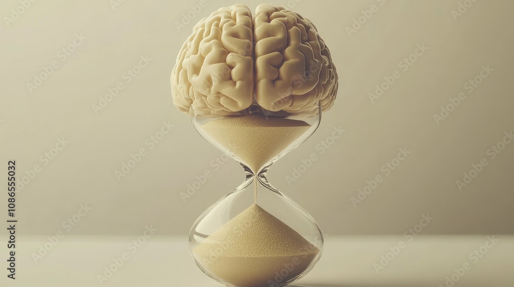 Poster brain encapsulated in hourglass, sand flowing beneath representing time passing for mental focus, pl