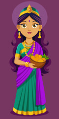 3D Indian Woman In Traditional Saree Holding Kalash and Gold Coins. Indian Woman in Traditional Wear for Akshaya Tritiya Cultural Cartoon Design.