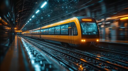 Naklejka premium A blurred train in a dimly lit station, suggesting motion and speed.