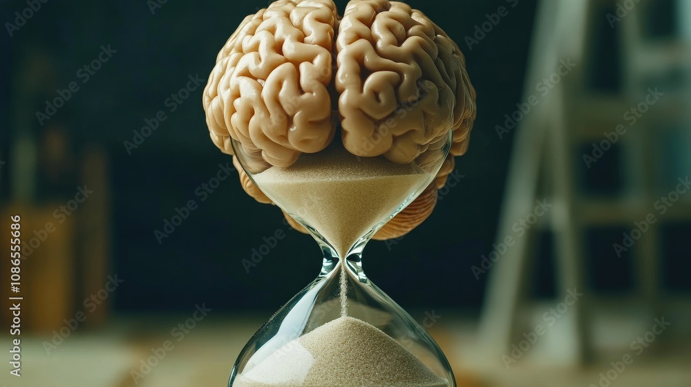Poster close-up of brain in hourglass with sand, symbolizing balancing mental capacity with time constraint
