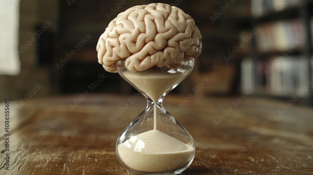 Poster close-up of brain in hourglass with sand, symbolizing balancing mental capacity with time constraint