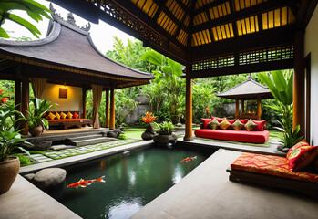 Obraz premium A Balinese living space with a thatched roof and open walls, seamlessly merging with a lush tropical garden. The room features intricately carved wooden furniture, colorful silk cushions