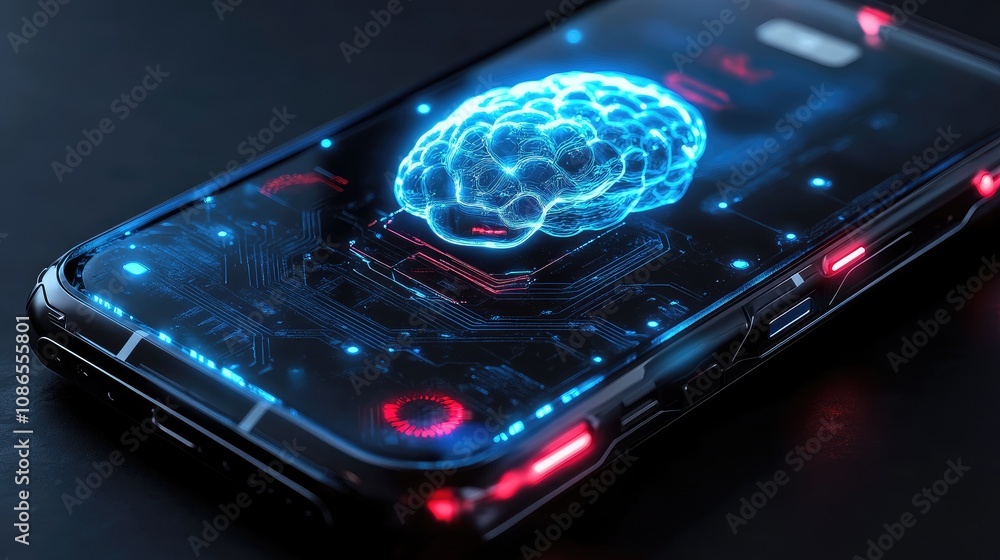 Poster close-up of smartphone with robotic shell and visible ai brain, digital rendering
