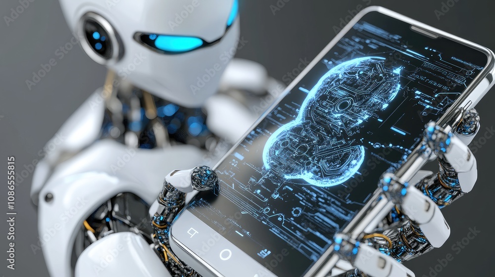 Poster close-up of smartphone with robotic shell and visible ai brain, digital rendering