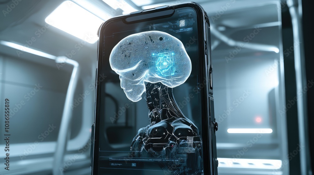 Poster close-up of smartphone with robotic shell and visible ai brain, digital rendering