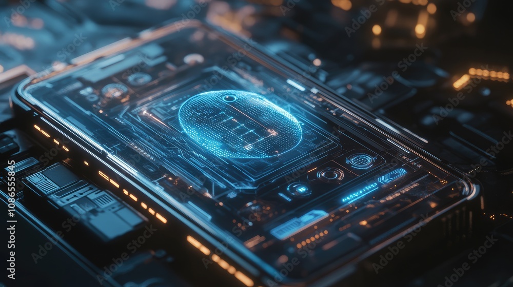 Aufkleber close-up of smartphone with robotic elements and central ai brain, futuristic tech concept