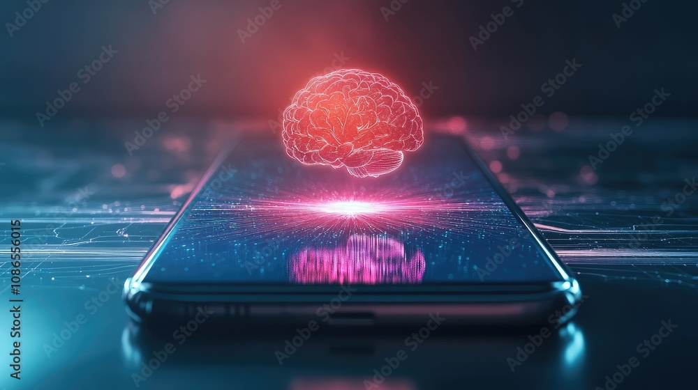 Poster concept of mobile phone with ai brain glowing at center, robotic design showing advanced tech
