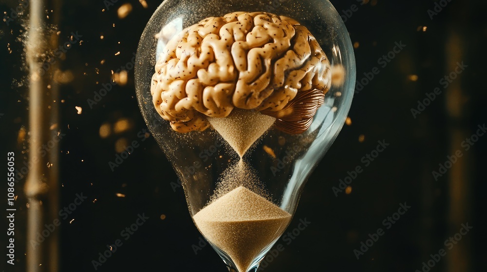 Poster conceptual image of brain in an hourglass, sand flowing around it symbolizing thought processing ove