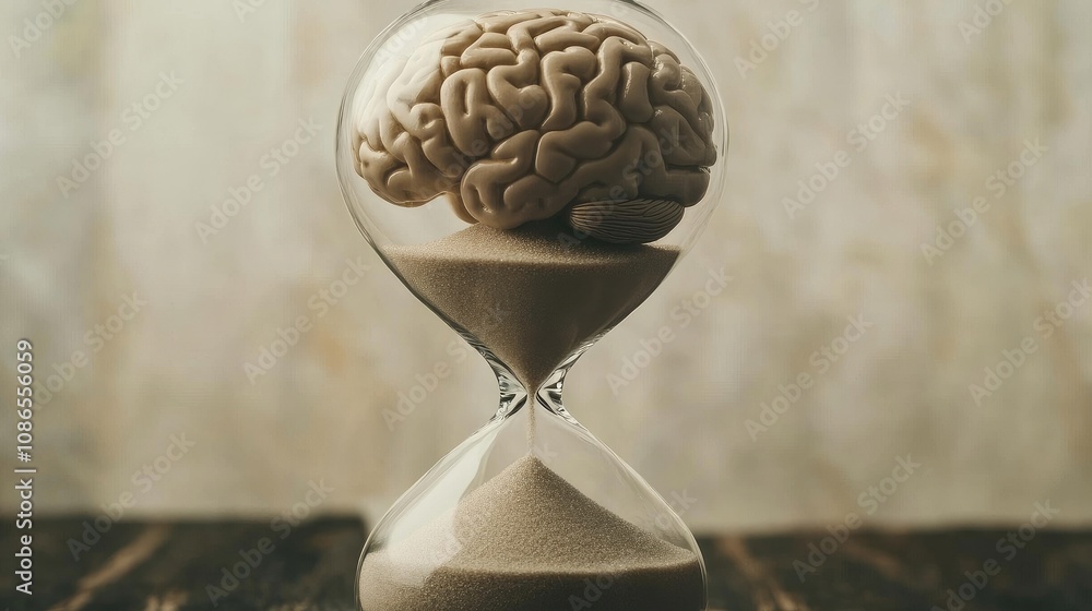 Poster conceptual image of brain in an hourglass, sand flowing around it symbolizing thought processing ove